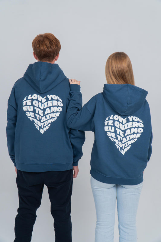 Sudadera 100% algodón. Hecha en Portugal y España. Sudadera azul con capucha diseño en la espalda. 